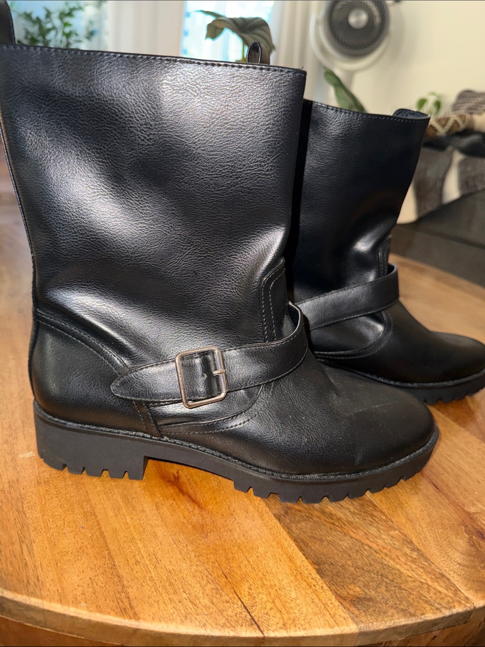 H&M Black Lace-Up Lug Sole Mid-Calf Boots with Buckle